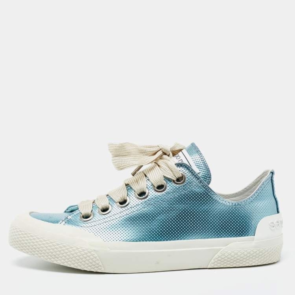 Sergio Rossi Metallic Blue Leather Lace Up Sneakers Women’s Size 36 - Picture 2 of 15